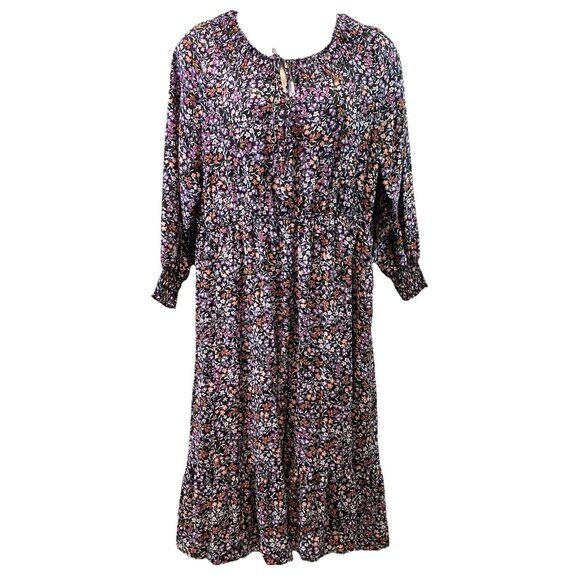 Terra Sky Womens Dress Black Floral Midi Pockets LS Peasant Whimsigoth Boho 2X - Picture 1 of 11
